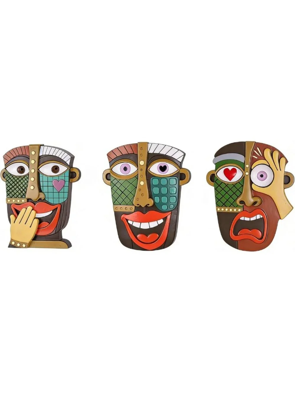 Handmade African Masks Wall Art Set of 3 | Colorful Tribal Decor for Home